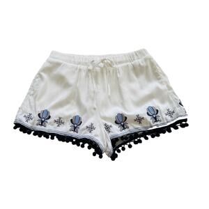 Miami Blue White Floral Embroidered Pockets Tie Pom Pom Hem Shorts Small NEW